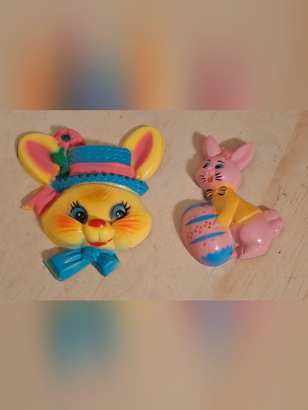 Vintage 60s Kitschy Plastic Easter Bunny Cake Toppers, Set Of 2, Hong Kong